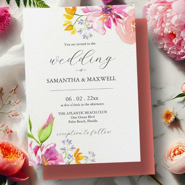 Bold Floral Bright Color Wedding Invitations (Watercolor bold floral blooms wedding invitations by Victoria Grigaliunas Do Tell A Belle)