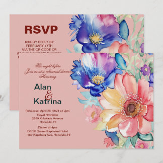 Bold Floral Coral Pink Rehearsal Dinner Invitation