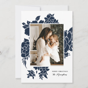 Bold Floral Cutout Navy Photo Christmas Holiday Card