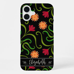 Bold Floral Damask Sunflower Boho Black Folk Art iPhone 16 Plus Case