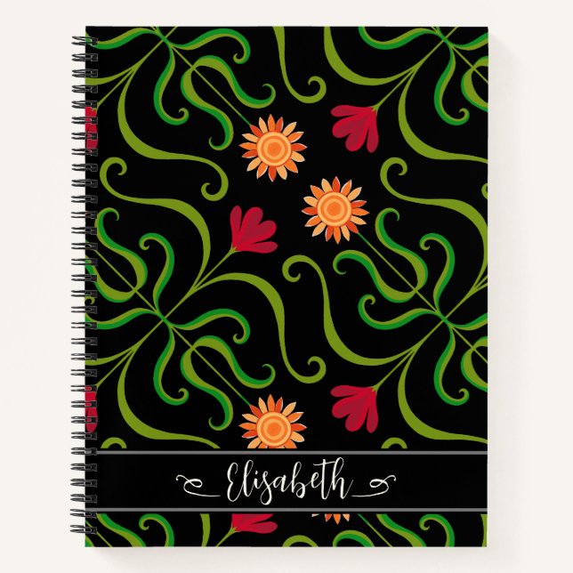   Bold Floral Damask Sunflower Boho Black Folk Art Notebook (Front)