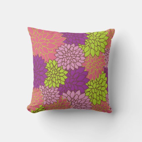 Bold Floral Design in Lime Green Pink Purple Outdoor Pillow