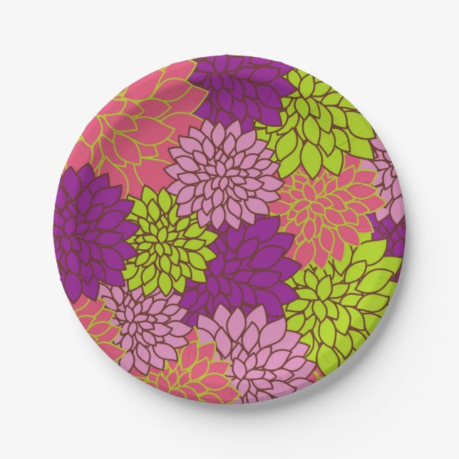 Bold Floral Design in Lime Green, Pink, Purple Paper Plates (Front)