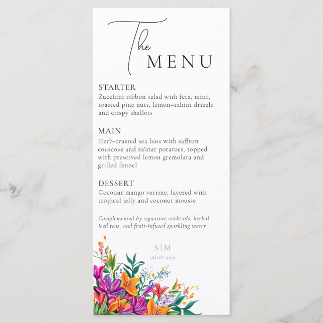 Bold Floral Elegant Botanical Pink Wedding Summer Menu (Front)