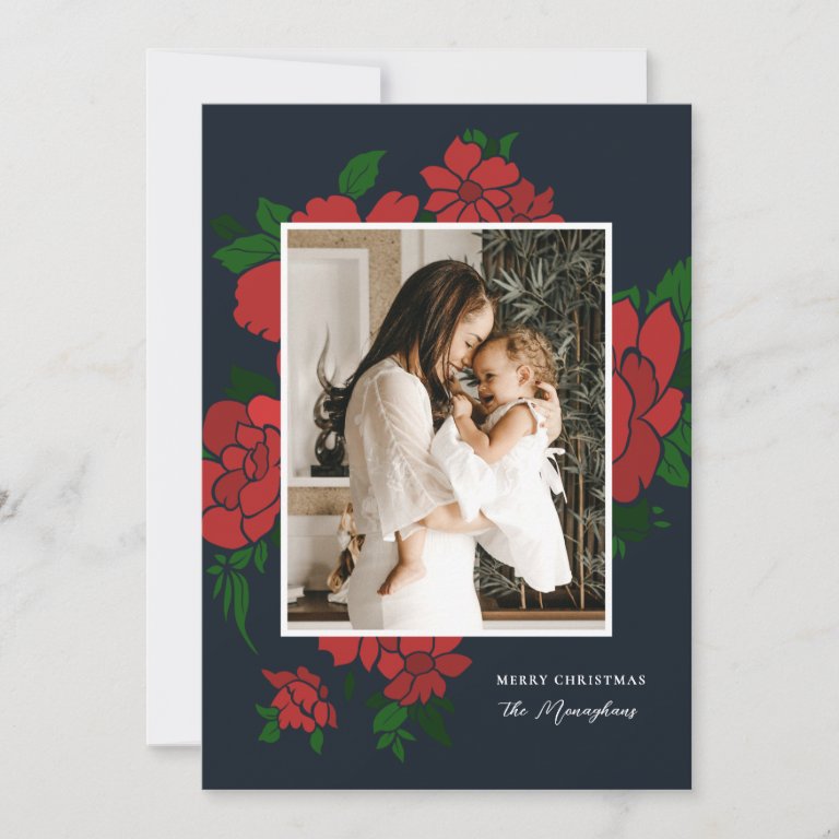 Bold Floral Framed | Navy | Photo Christmas Holiday Card