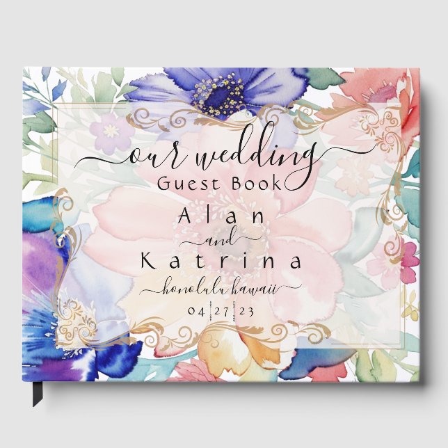 Bold Floral Gold Frame Guest Book (Front)