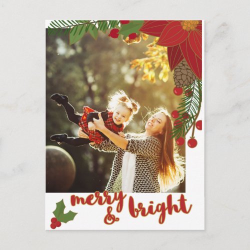 Bold Floral Merry and Bright Calligraphy Photo Holiday Postcard