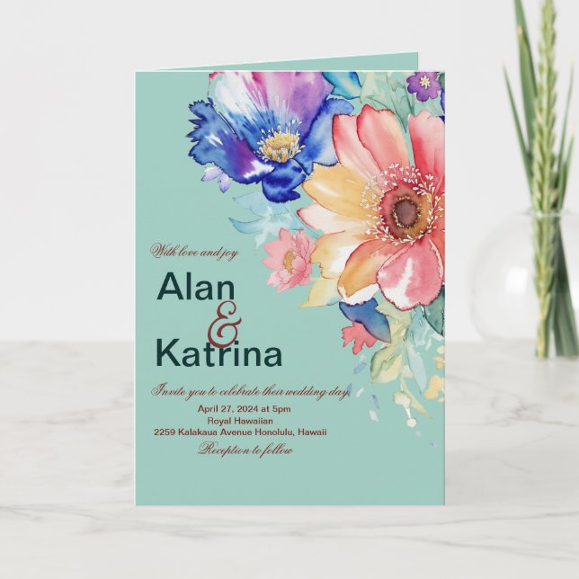 Bold Floral Mint Green Wedding Folded Invitation (Front)