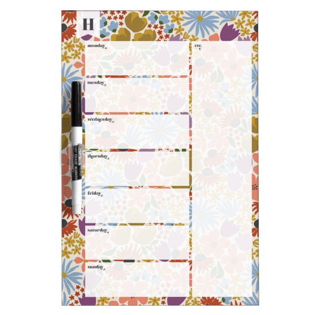 Bold Floral Monogram Weekly Calendar Dry Erase Board (Front)