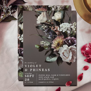 Bold Floral on Dark Charcoal Gray Modern Wedding Invitation