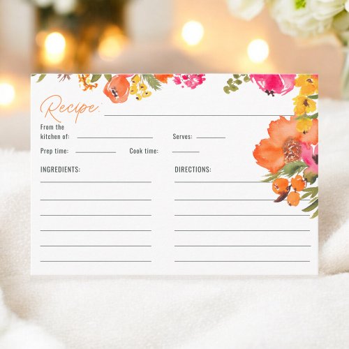 Bold floral orange Floral Bridal Shower Recipe  Enclosure Card