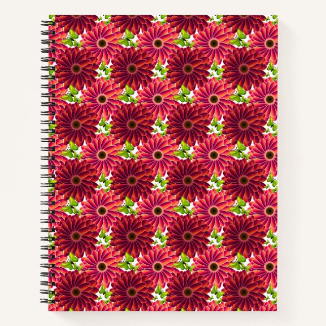Bold Floral Pattern with Butterflies | Vibrant Red Notebook (Front)
