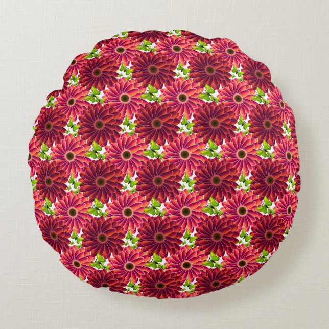 Bold Floral Pattern with Butterflies | Vibrant Red Round Pillow (Front)