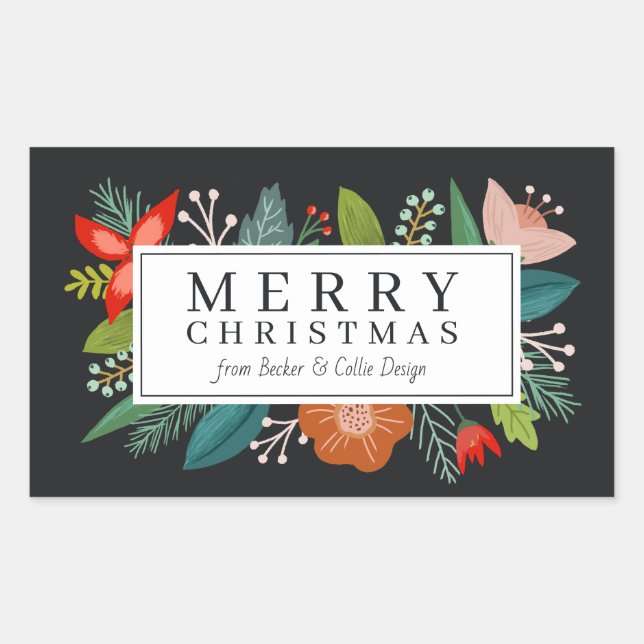 Bold Floral & Pine Personalized Holiday Rectangular Sticker (Front)