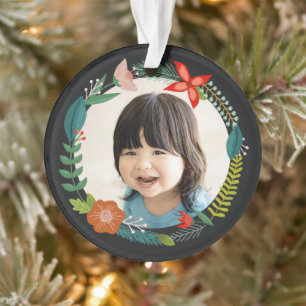 Bold Floral & Pine Personalized Photo Holiday Ornament