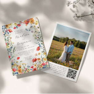 Bold Floral QR Code Photo Wedding Invitation