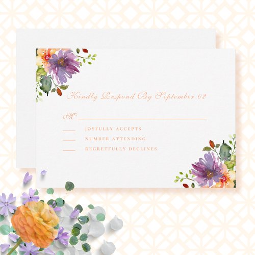 Bold Floral Script Chic Peach Green Wedding RSVP 