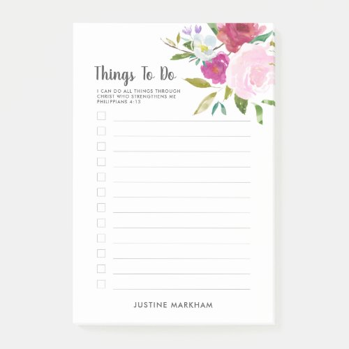 Bold Floral Scripture Personalized To Do List Post_it Notes