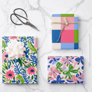 Bold Floral Square Bow Pattern Maximalist Colorful Wrapping Paper Sheets
