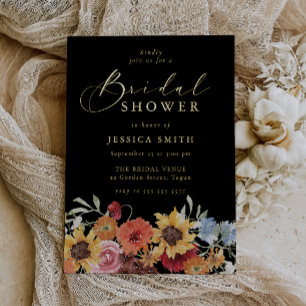 Bold Floral Summer Black Bridal Shower Gold Foil Invitation