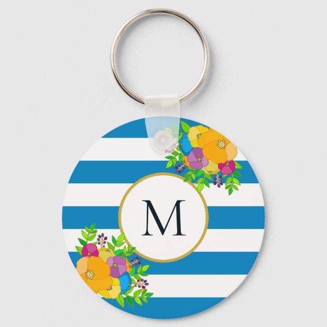 Bold Floral Tropical Blue White Striped Monogram Keychain (Front)