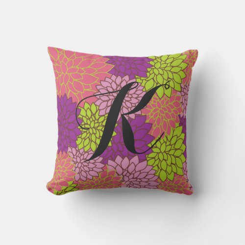 Bold Floral wInitial in Lime Green Pink Purple Throw Pillow