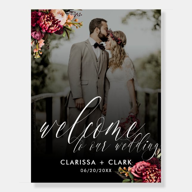 Bold Floral Welcome Wedding Photo Couple Sign (Front)