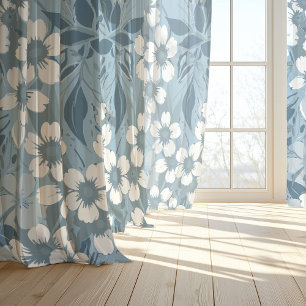 Bold Floral White Flowers Dusty Blue Sheer Curtains