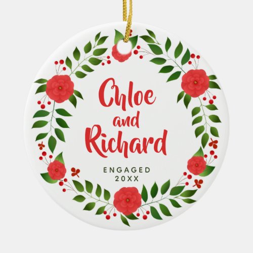 Bold Floral Wreath Engaged Couple Personalized Ceramic Ornament