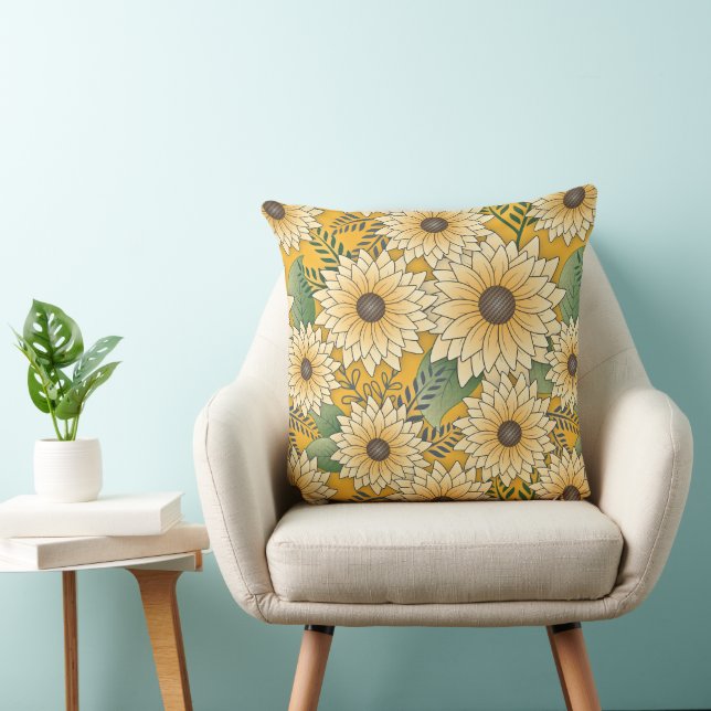 Bold Floral Yellow Sunny Sunflower Garden Throw Pillow (Chair)
