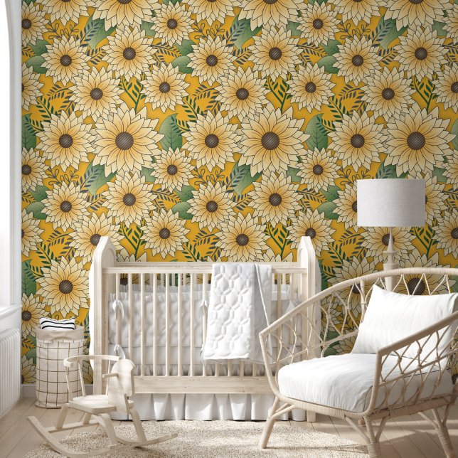 Bold Floral Yellow Sunny Sunflower Garden Wallpaper (Kids)