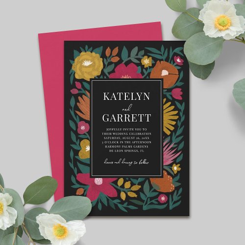 Bold Florals Magenta Orange Black Wedding  Invitation