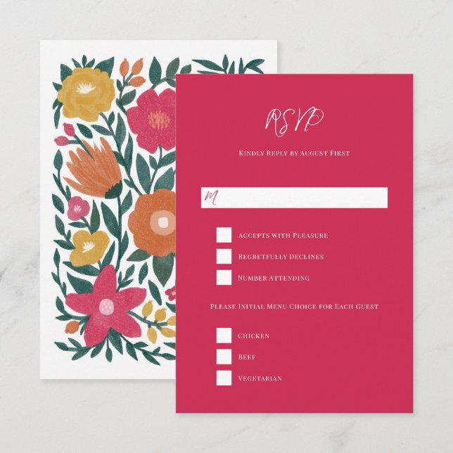 Bold Florals Magenta Orange Wedding   RSVP Card (Front/Back)