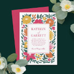 Bold Florals Magenta Orange Yellow Wedding  Invitation<br><div class="desc">This gorgeous wedding invitation features a hand drawn floral design in magenta pink, orange, golden yellow, and dark emerald green. The style is almost chalk - like / pastels. The background colors on both the front and the back can be customized, if desired. Simple, elegant, bold, and modern - perfect...</div>