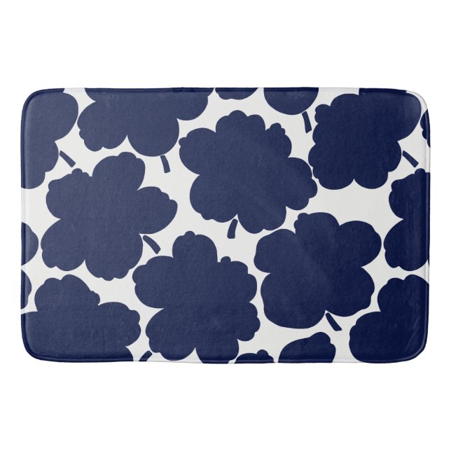 Bold Florals Monochrome Navy Bath Mat (Front)