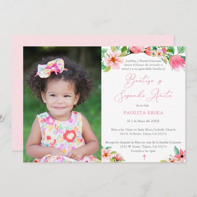 Bold Florals Spanish 2nd Birthday Baptism Party Invitation (Front/Back)