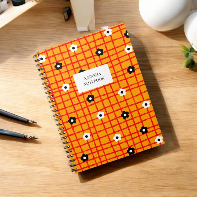 Bold Flower Orange Red Check Pattern Stationery Notebook (Creator Uploaded)