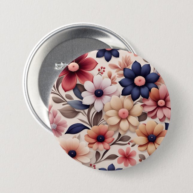 Bold flowers and leaves pattern pink button (Front & Back)