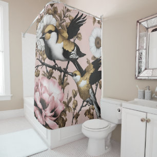 Bold Flowers Birds Pink Gold Modern Shower Curtain