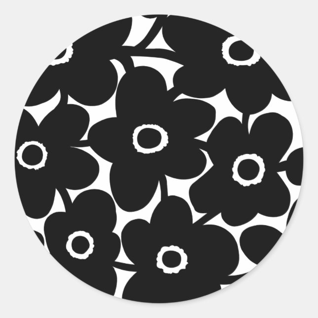 Bold Flowers - Black and White Classic Round Sticker (Front)
