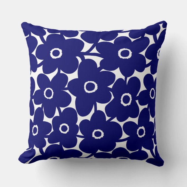 Bold Flowers - Deep Navy on White Throw Pillow (Front)