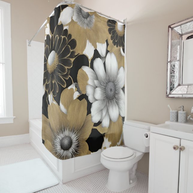 Bold Flowers Gold Modern Shower Curtain (In Situ)