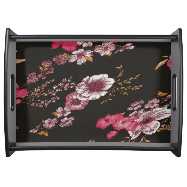 Bold flowers on black background serving tray (Front)