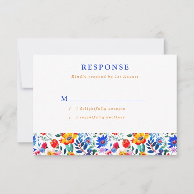 Bold Folk Floral Fiesta Wedding RSVP Card (Front)
