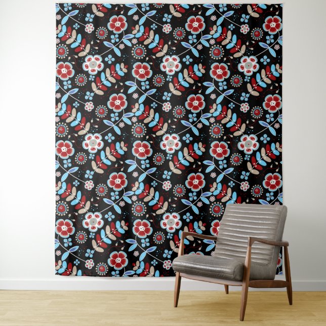 Bold Folk Floral Pattern Tapestry (In Situ)