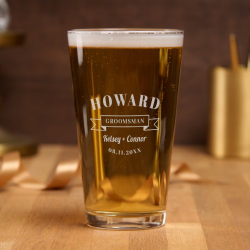 Bold Font Groomsman Wedding Favor Pint Glass