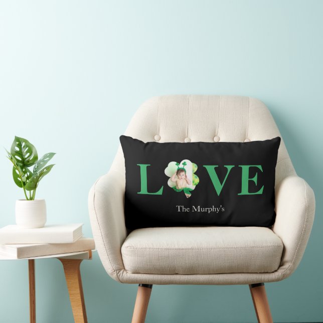 Bold Font Love Photo Shamrock St. Patrick's Day Lumbar Pillow (Chair)