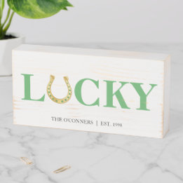 Bold Font Lucky Horseshoe Patrick's Day Wooden Box Sign
