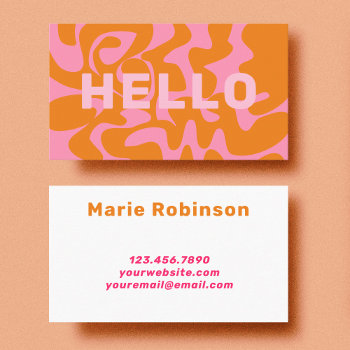 Bold Font Retro Groovy Blush Pink Hello Business Card by TabbyGun at Zazzle