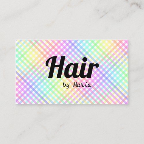 Bold Font Trendy Pastel Rainbow Plaid Hairdresser Business Card